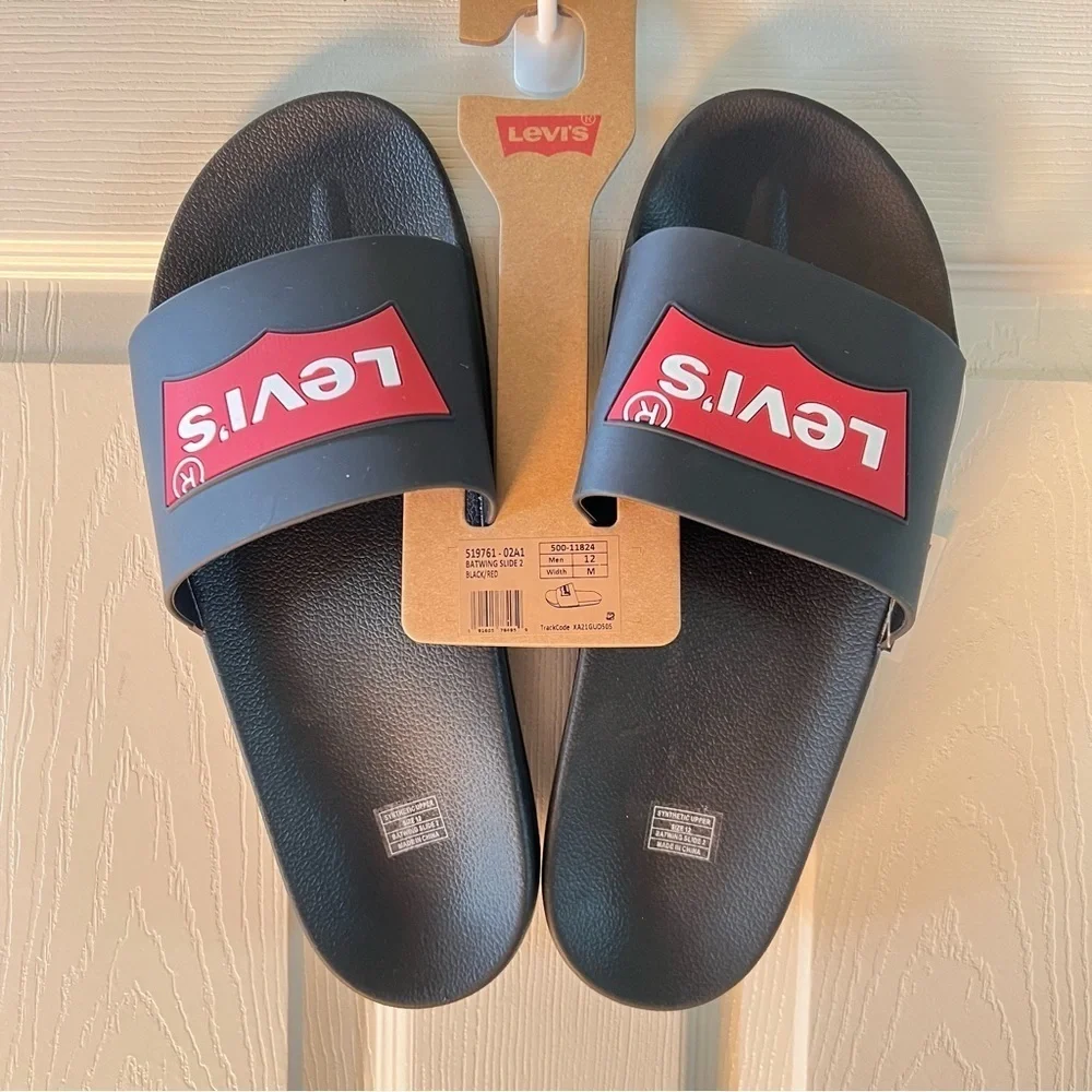 LEVIS Mens Batwing Slide 2 Black & Red Synthetic Upper Slippers Logo Size: 11,12